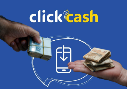 Clickcash empréstimo pessoal, dinheiro em 24 horas. Mão entregando um bolo de notas e a outra recebendo. Acima a logomarca da plataforma de empréstimo Click Cash.