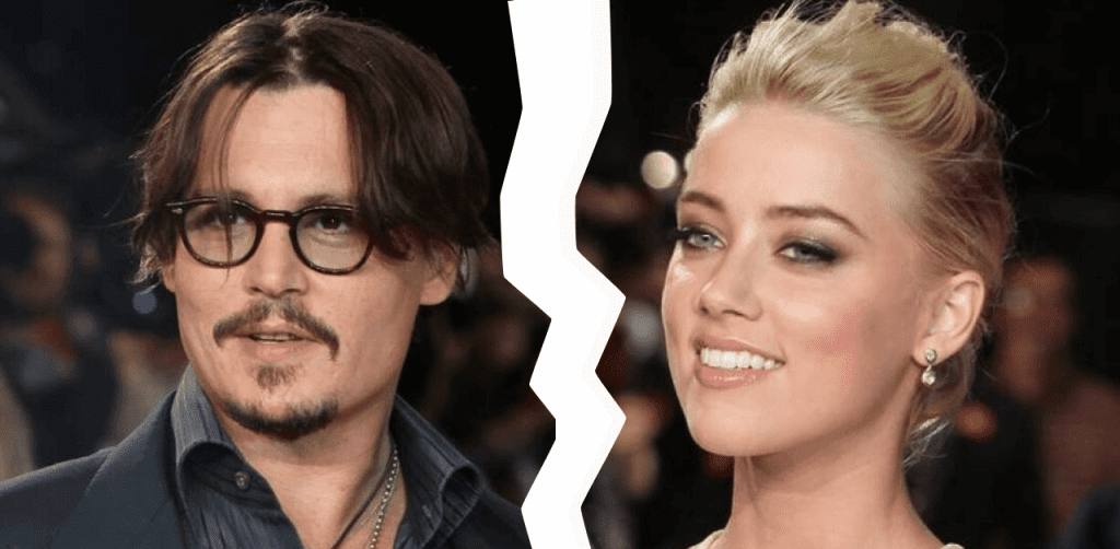 Johnny Depp ao lado de Amber Heard com uma rachadura branca no meio representando o final do caso judicial entre os dois.