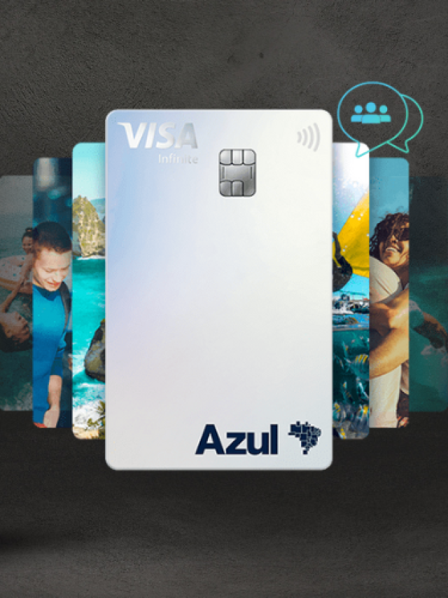 Cartão de crédito Itaucard Azul Visa Infinite centralizado e atrás dele imagens representando os benefícios que ele pode proporcionar.