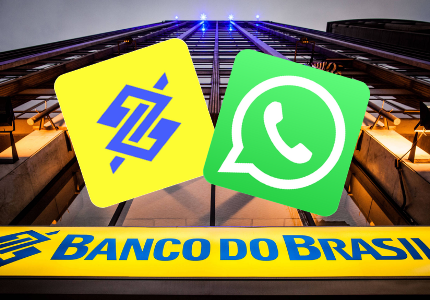 Empréstimo pessoal bb pelo whatsapp. Símbolo do WhatsApp e logo do Banco do Brasil lado a lado em cima da fachada de uma agência do banco.