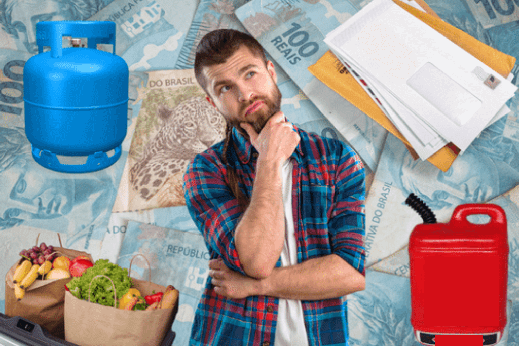 Homem em posição de dúvida, se questionando se o valor do salário mínimo será suficiente para pagar as contas, com imagens representativas de boletos, gasolina, comida e gás de cozinha ao lado. Além de notas de cem e cinquenta reais ao fundo.