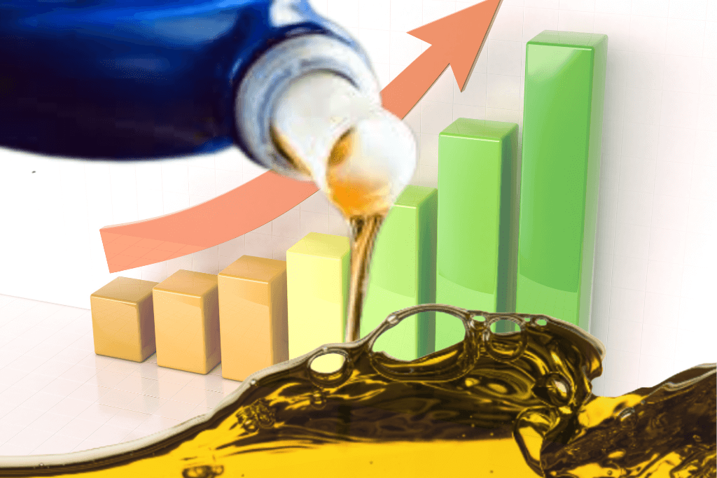 Garrafa de óleo diesel derramando o óleo, com um gráfico crescente ao fundo, representando o Aumento do preço dos combustíveis.