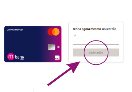 Captura de tela com seta indicando aonde clicar para iniciar o processo de solicitação do cartão de crédito Itaucard MBank.