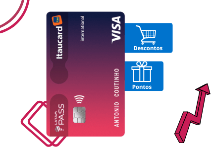 Cartão de crédito Itaucard Latam Pass Internacional e suas vantagens de descontos e programa de pontos escritas em etiquetas que estão saindo do cartão.