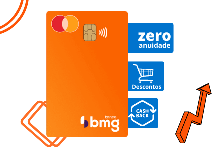 Cartão de crédito sem anuidade da conta digital BMG e etiquetas com suas vantagens de cashback e descontos exclusivos.