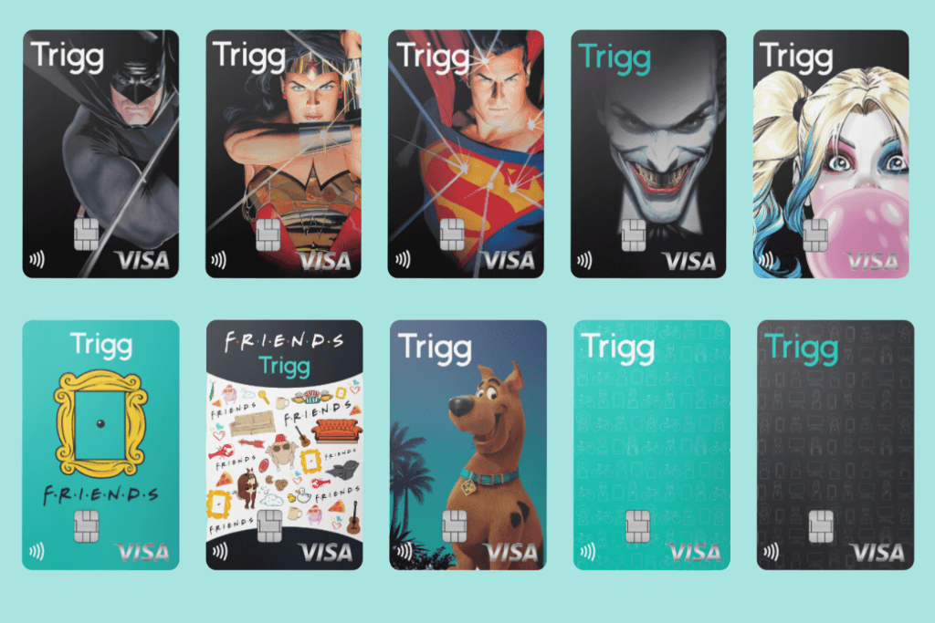 Dez modelos de cartões de crédito Trigg, inclusive os temáticos.