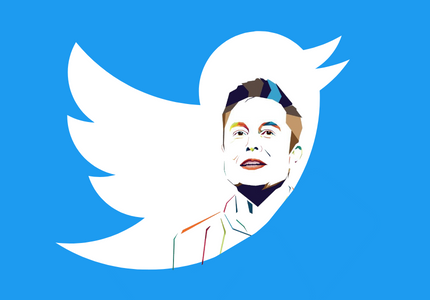 Caricatura de Elon Musk dentro do pássaro que é símbolo do Twitter.