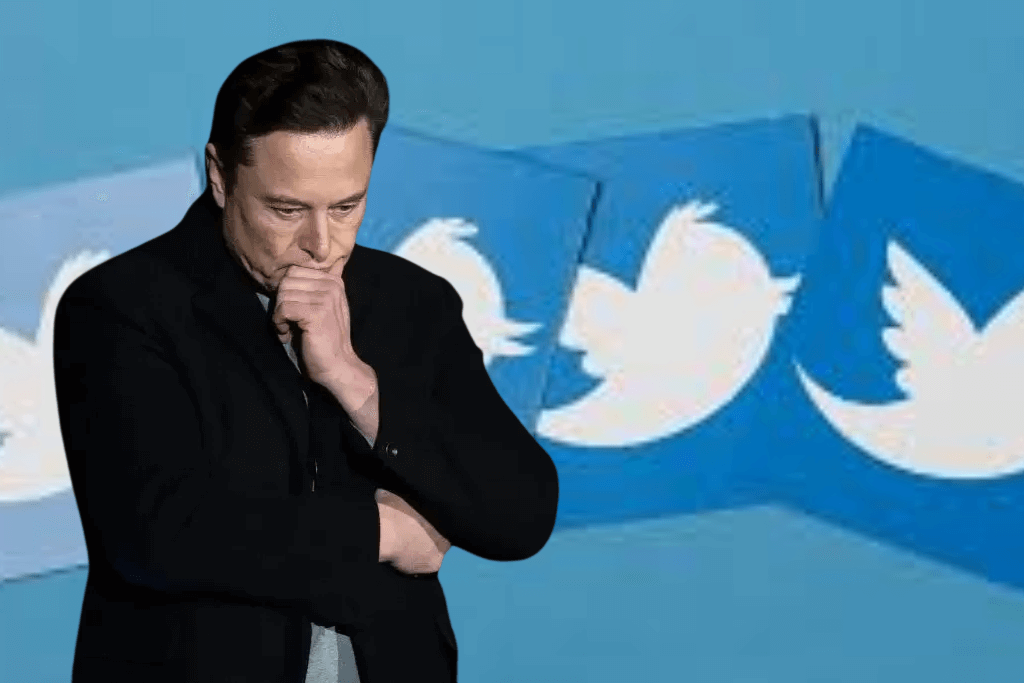 Elon Musk pensativo sobre sua compra do Twitter, com símbolos da rede social ao fundo.