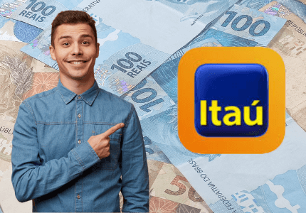 Homem apontando para logo do Banco Itaú, com notas de cem e cinquenta reais ao fundo, indicando os empréstimos oferecidos por esse banco.