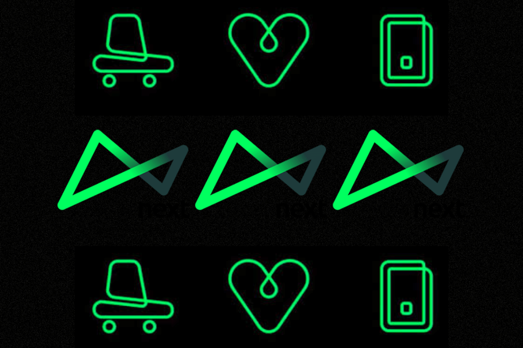 Dois símbolos de cada, representando um carro, um coração e um celular, respectivamente, com  logo do Next ao meio.