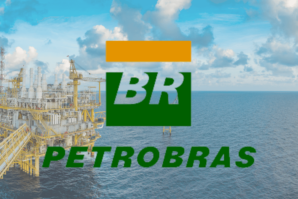 Símbolo da Petrobrás com plataforma de petróleo no mar, de fundo.