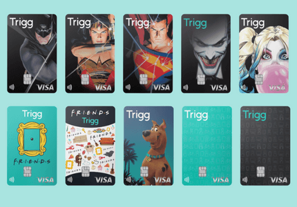 Dez modelos de cartões de crédito Trigg, incluindo alguns temáticos.