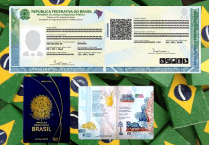 Representações da nova identidade e novo passaporte, com bandeiras brasileiras ao fundo.