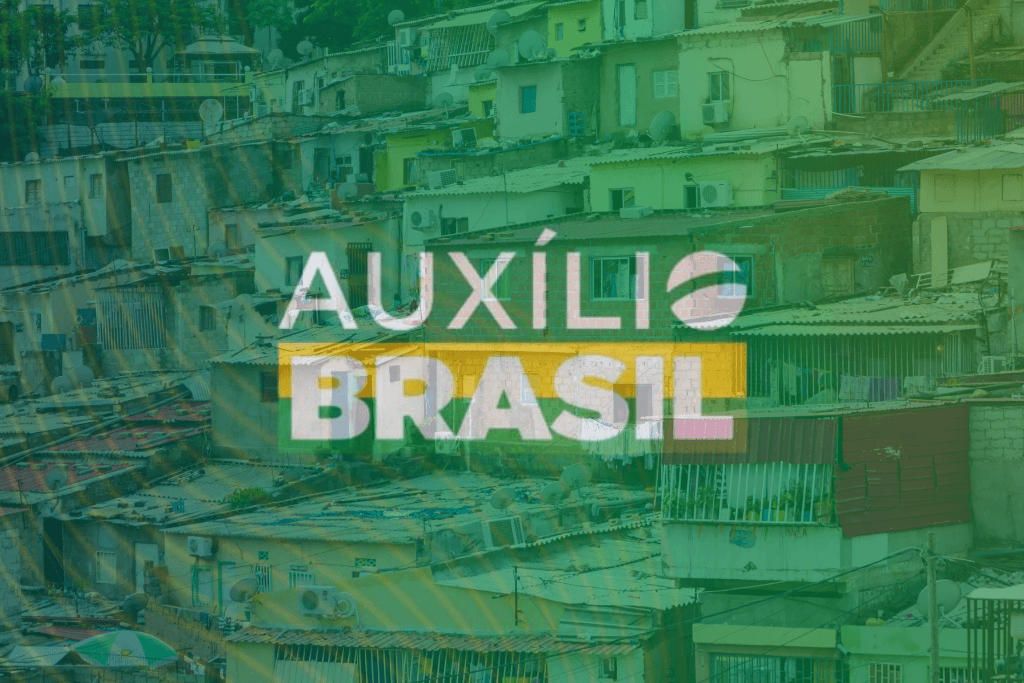 Símbolo do Auxílio Brasil com comunidade ao fundo, simbolizando a decisão do governo de aumentar o benefício e incluir mais pessoas através da PEC dos Combustíveis.