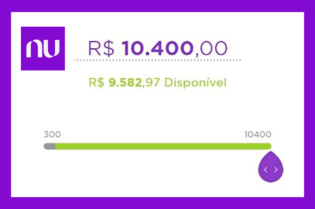 Tela de regulagem de limite do Nubank, mostrando um limite de dez mil e quatrocentos reais, com uma régua que regula qual o limite imposto pelo usuário. em baixo