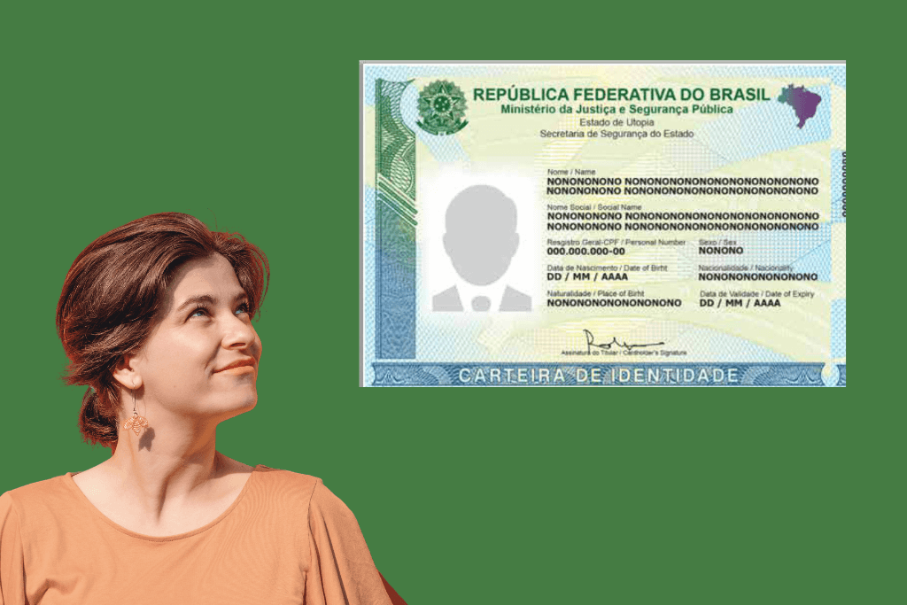 Mulher olhando para a nova versão da carteira de identidade, com um fundo verde bandeira.