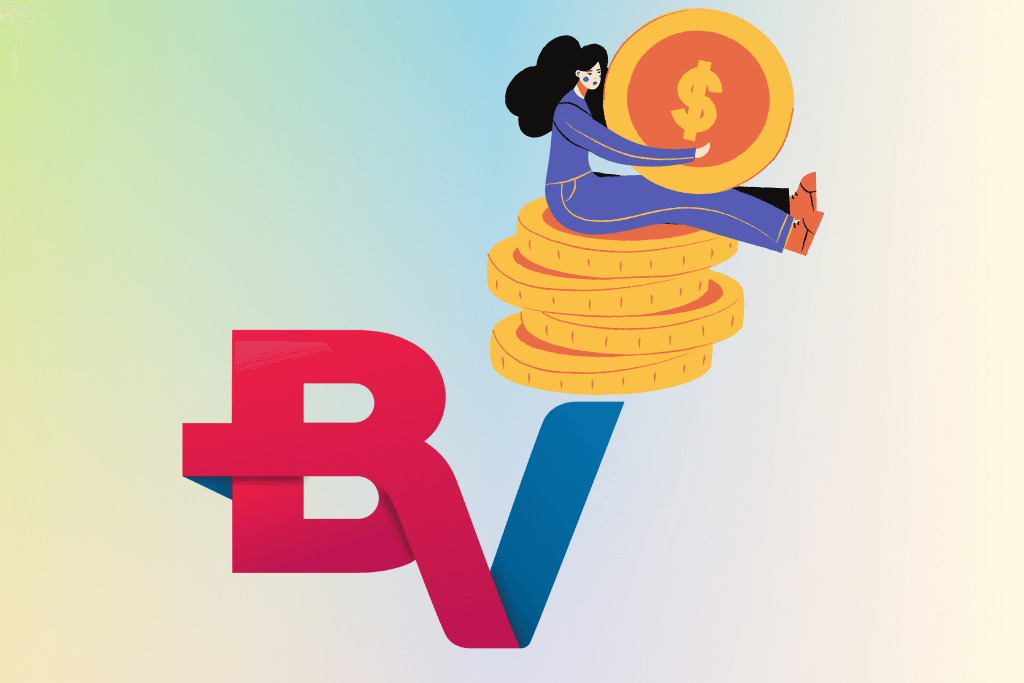 Símbolo da BV Financeira com uma animação de uma mulher sentada em várias moedas e segurando uma, simbolizando os produtos financeiros da empresa.
