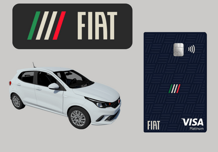 Cartão de crédito Itaucard Fiat Platinum ao lado do veículo Argo zero quilômetro e acima a logomarca da Fiat.