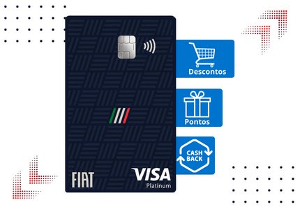 Cartão de crédito Itaucard Fiat Platinum com etiquetas com suas vantagens de descontos, cashback e programa de pontos.