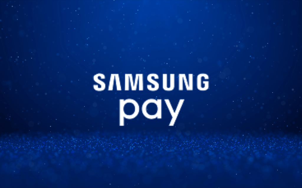 Logo da Samsung Pay ao centro, com um fundo azul brilhante.
