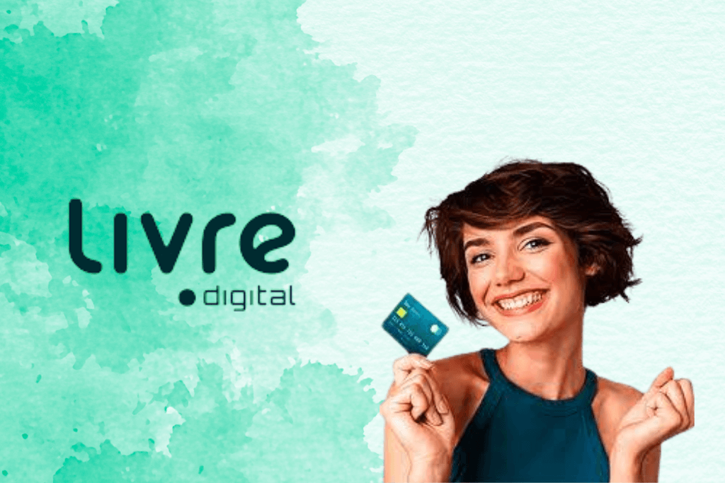 Mulher feliz com um cartão de banco na mão, ao lado da logo da Livre Digital.
