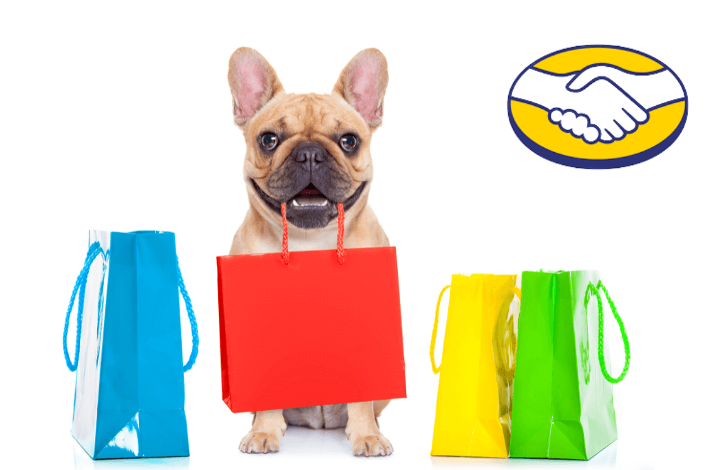 Cachorro segurando uma sacola de compras com outras três ao lado,  com o símbolo do Mercado Livre à direita.
