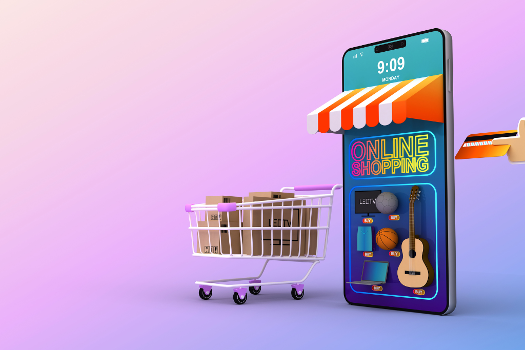 Celular com um toldo de uma loja, ao lado de um carrinho de compras, simbolizando as compras online.