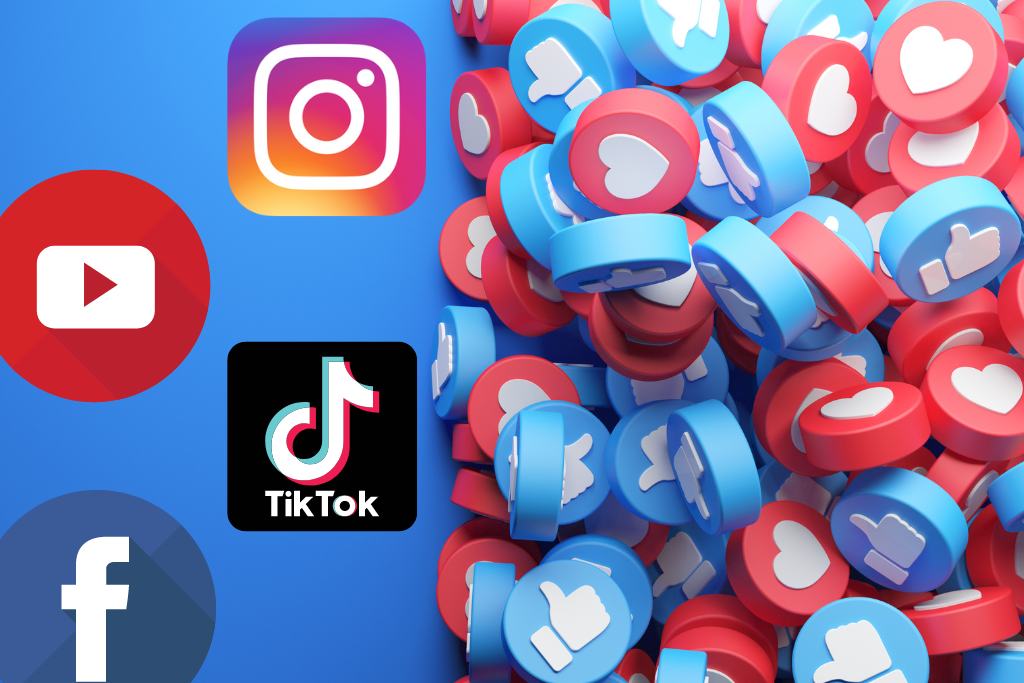 Símbolos das mídias sociais Instagram, Tik Tok, YouTube e Facebook, ao lado de joinhas e corações.