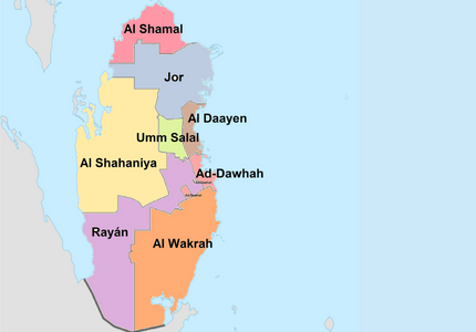 Mapa do Estado Nacional do Catar dividido em seus oito munícipios e o nome de cada um deles escrito na frente.