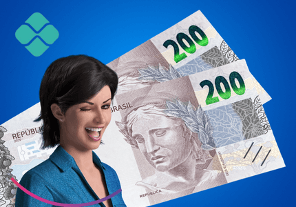 Magalu animada com duas notas de R$ 200 ao fundo e a logo do PIX.