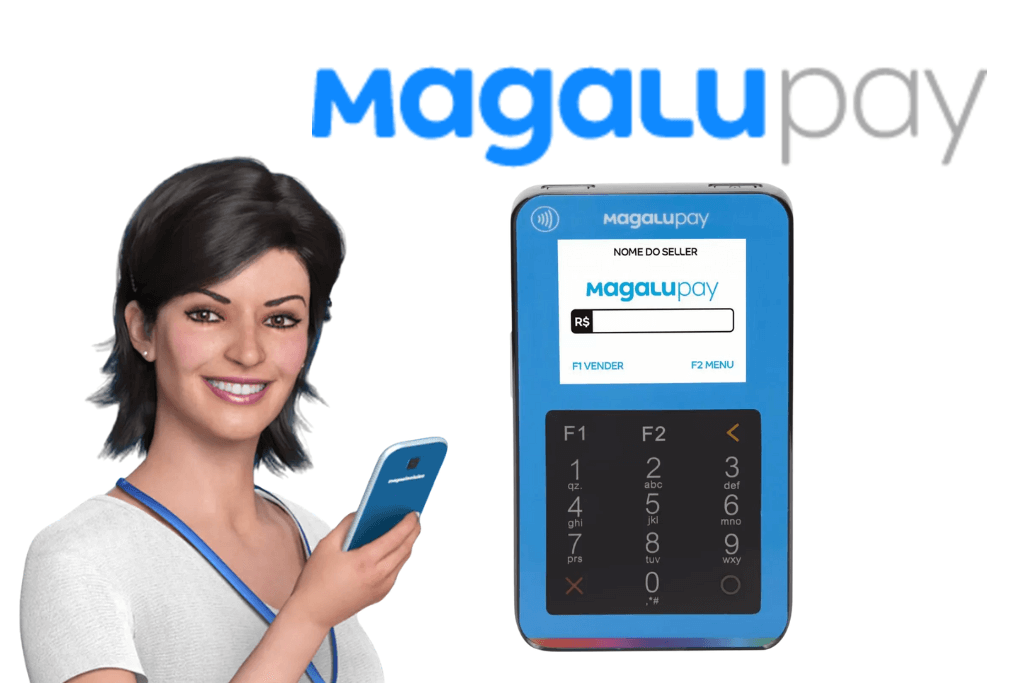 Magalu segurando um celular com o SuperApp abertp em tela com uma maquininha de cartão que aceita o MagaluPay ao lado.