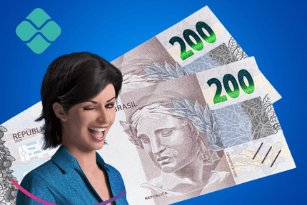 Magalu animada com duas notas de R$ 200 ao fundo e a logo do PIX.