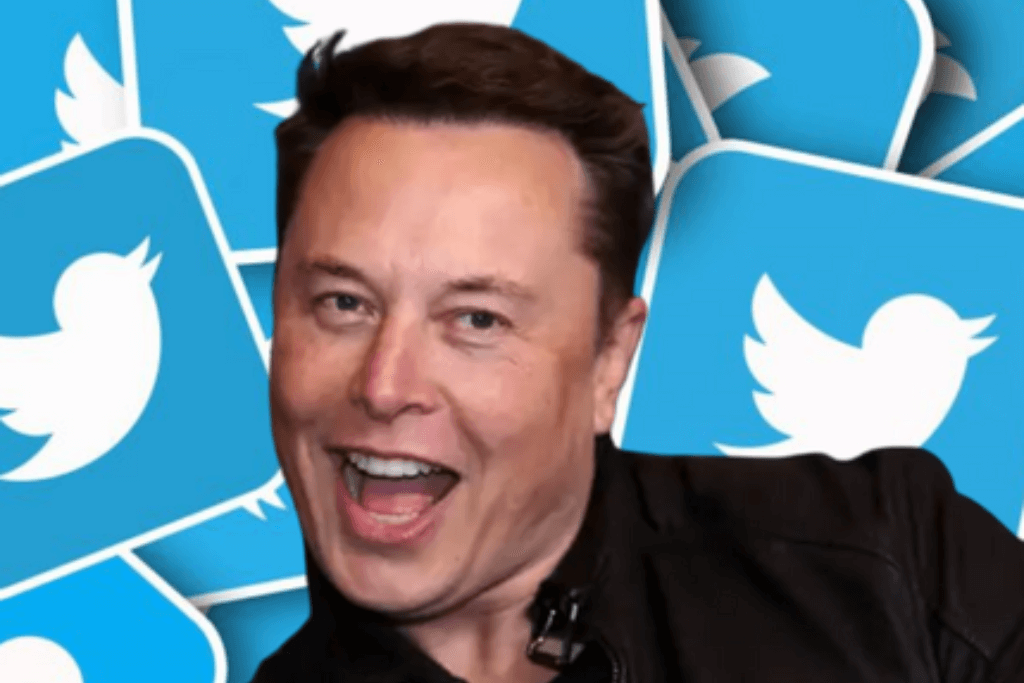 ElonMusk sorrindo, com vários símbolos do Twitter ao fundo.