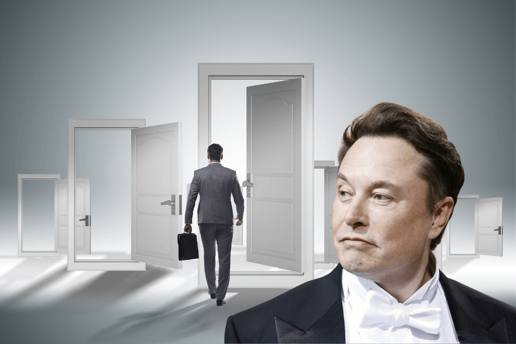 Elon Musk olhando funcionário deixando a empresa por uma porta, com várias portas ao fundo.