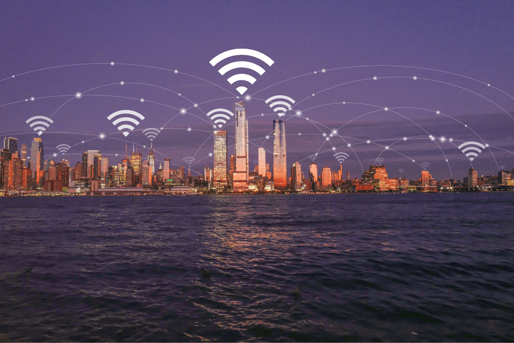 Cidade com pontos de tecnologia 5G ligados entre si.