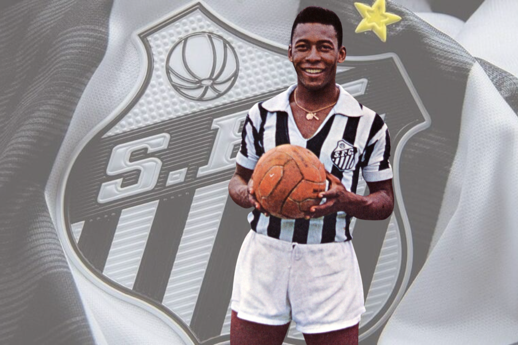 Pelé com o uniforme do Santos e uma bola na mão, com o escudo do time ao fundo.