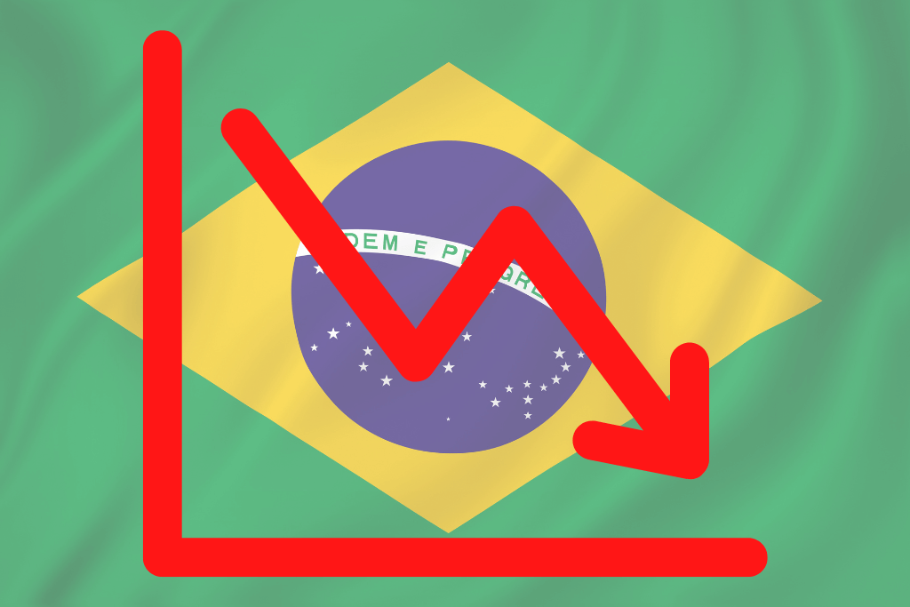 Bandeira do Brasil ao fundo de um gráfico descendente.