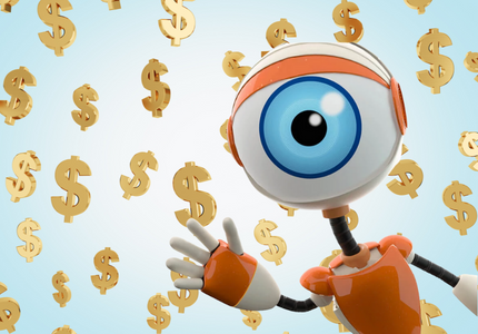 Mascote do Big Brother Brasil e ao fundo vários símbolos de cifrão dourados.