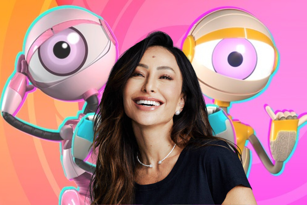 Sabrina Sato em meio a dois dos três mascotes do Big Brother Brasil.