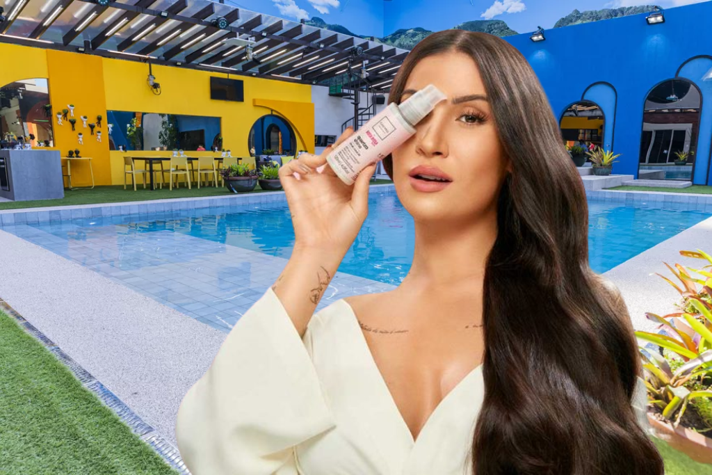 Bianca Andrade segurando um dos seus produtos de beleza, com a piscina da casa do BBB 20 ao fundo.