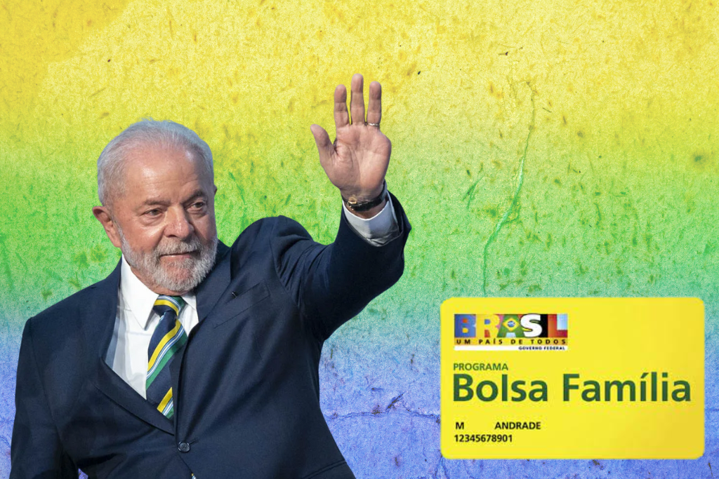 Presidente Lula acenando ao lado do cartão do Bolsa Família.