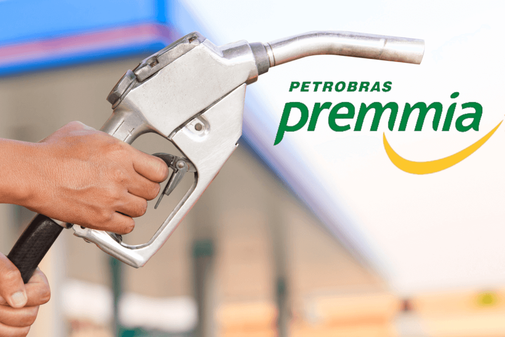 Símbolo do programa de pontos Petrobras Premmia, ao lado de uma pistola de bomba de gasolina.