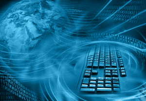 Teclado de computador envolto por elementos azuis em forma de nuvem e a representação do globo terrestre em azul representando o open finance.