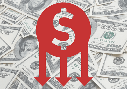 Círculo com setas para baixo e ao fundo vários dólares.