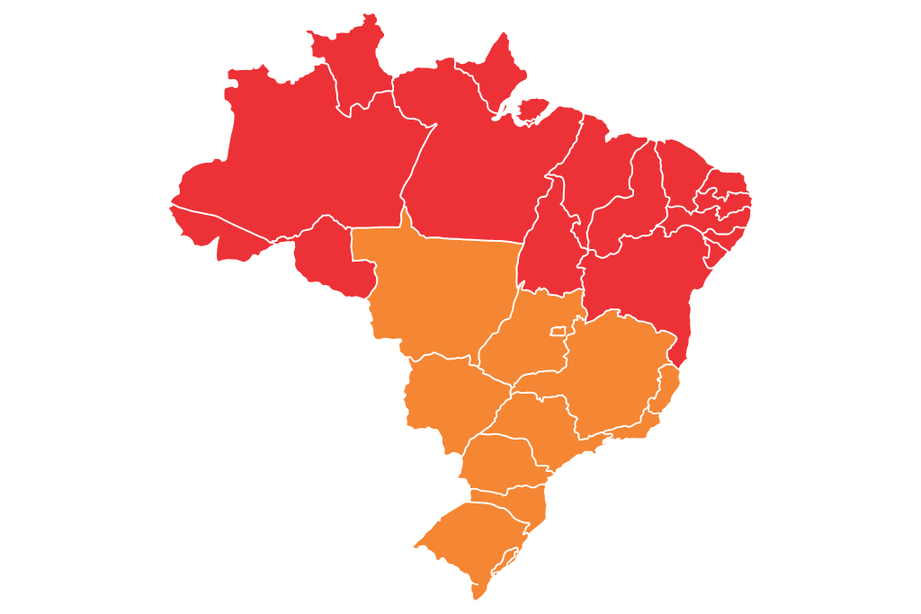 Mapa do Brasil, com regiões em vermelho e alaranjado.