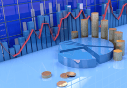 Pilhas de moedas e Gráficos de pizza, colunas e linhas, ilustrando, de forma não real, as mudanças no valor do salário mínimo.