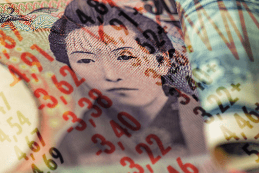 Nota monetária chinesa, com números acima.