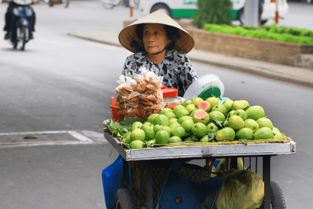 Vendedora ambulante, vendendo suas frutas de bicicleta.