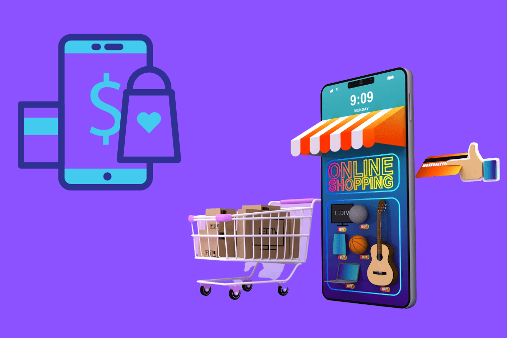 Celular com uma loja online aberta em tela, um carrinho de compras e uma figura de um celular ao alado de sacolas de compras. 