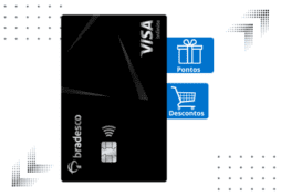 Cartão de crédito Bradesco Visa Infinite e etiquetas com suas principais vantagens acopladas no cartão.